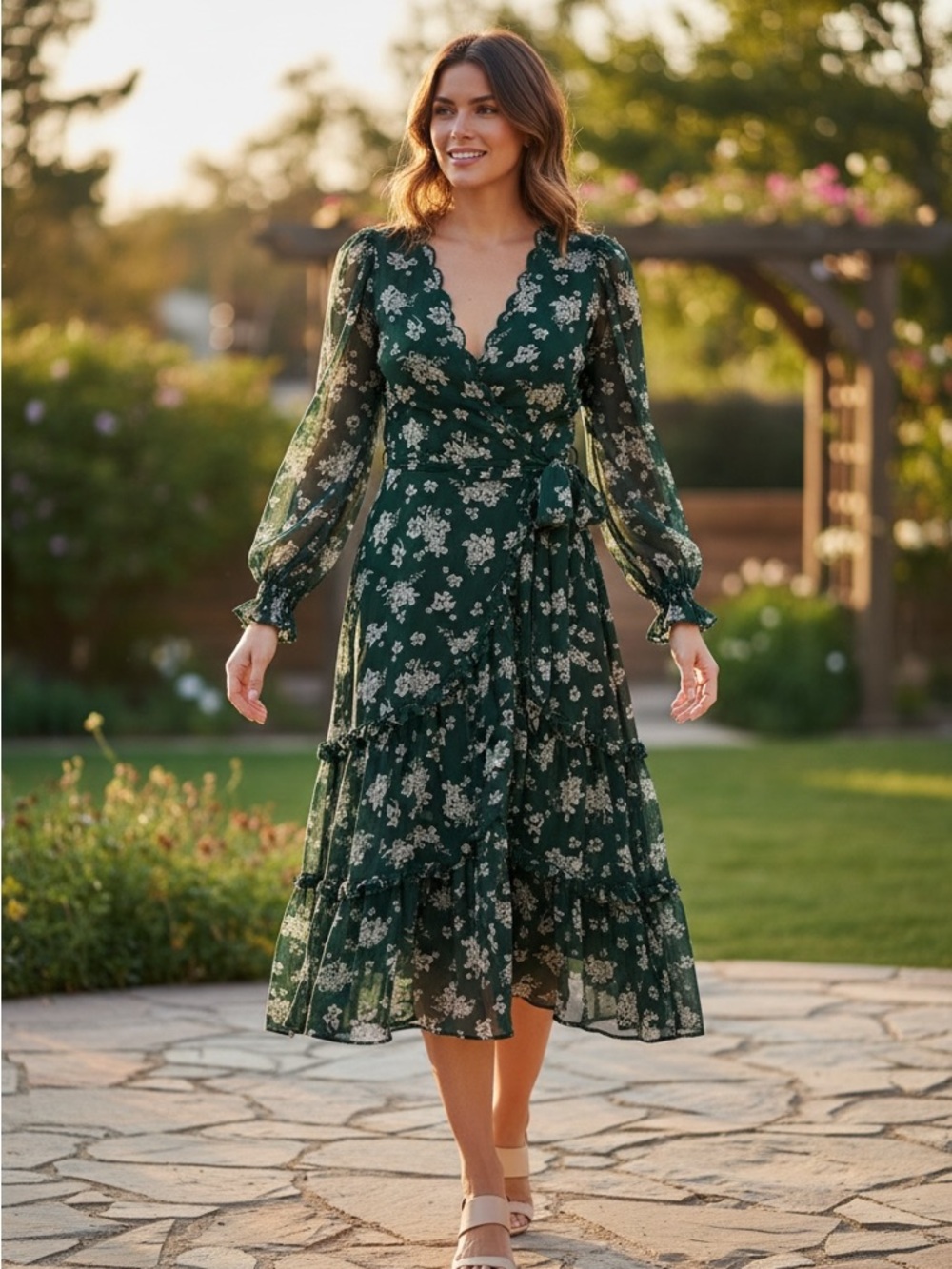 Floral Wrap Midi Dress in Dark Green